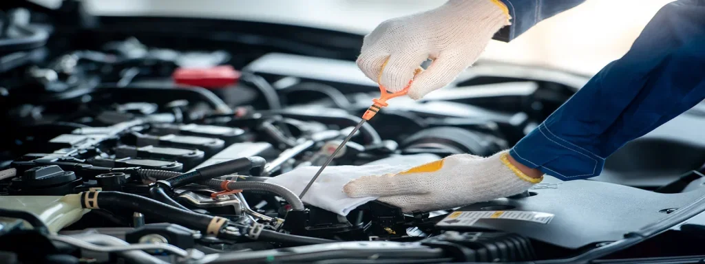 Technician checking vehicle engine oil levels during maintenance service.